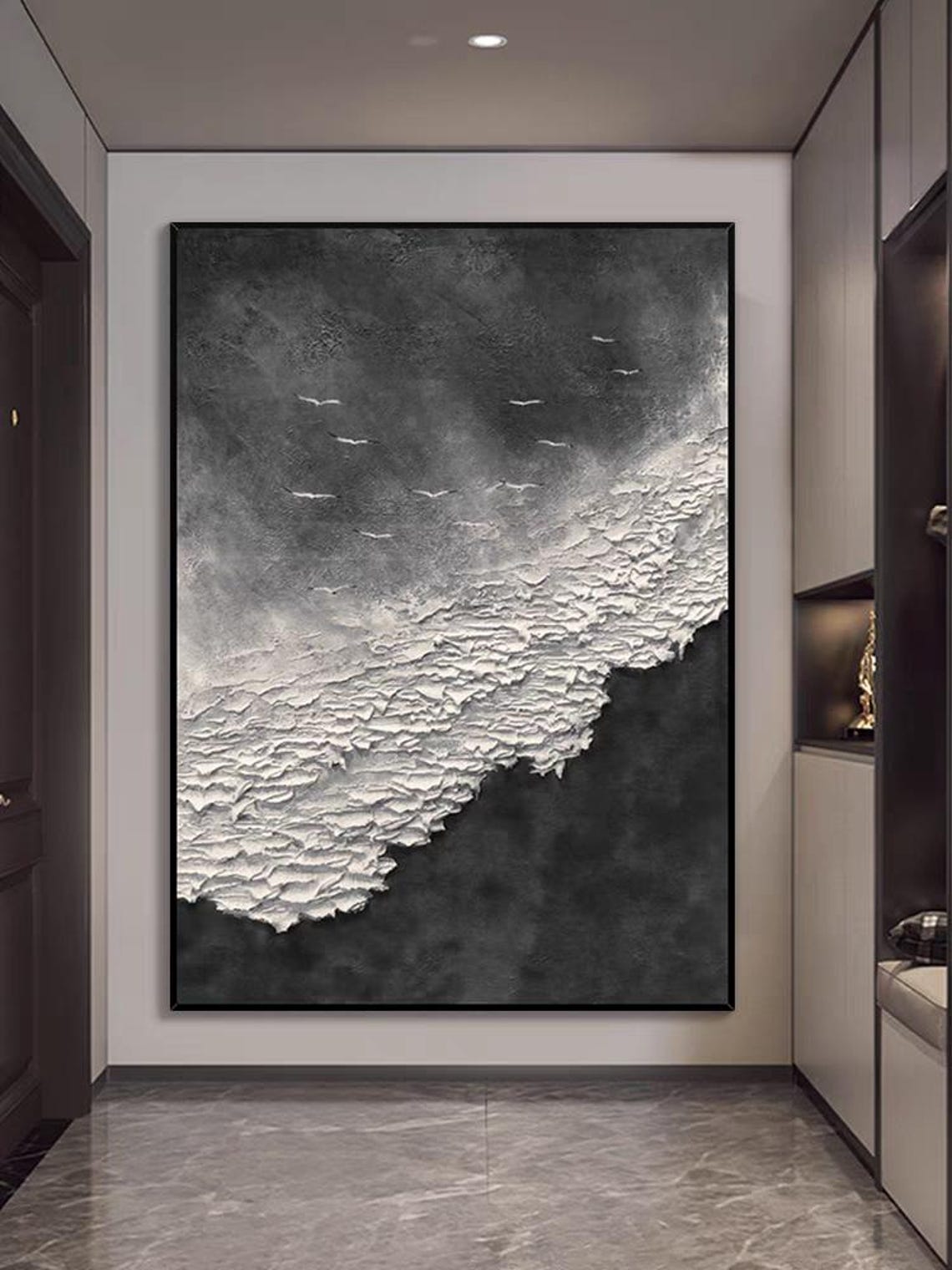 Seagulls Flying Above Sea Waves Monochrome Coastal Art Poster - Image 3