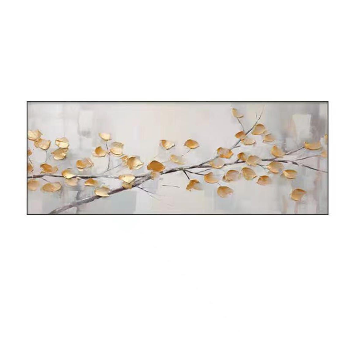 Golden Leaves on Dark Branch Soft White Horizontal Botanical Poster - Image 2
