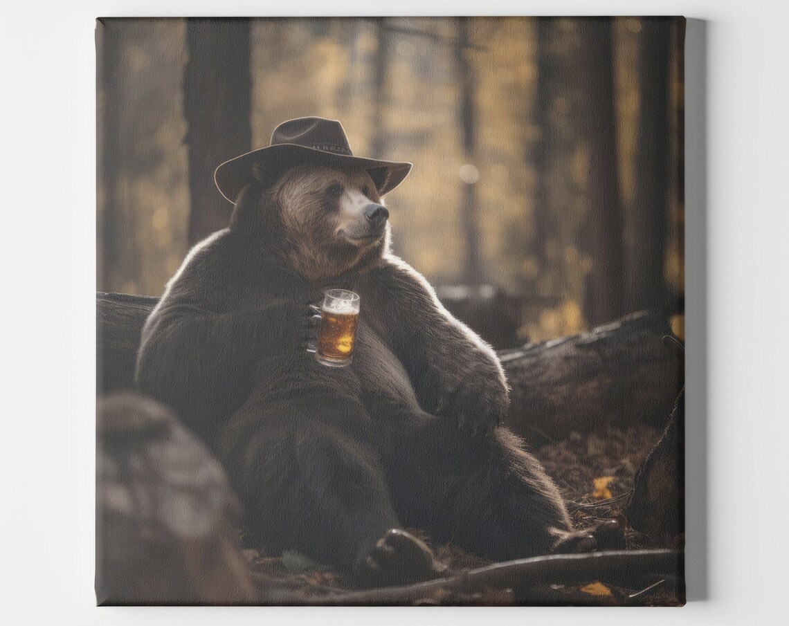 Bear Drinking Beer Poster Print, Farmhouse Bar Decor