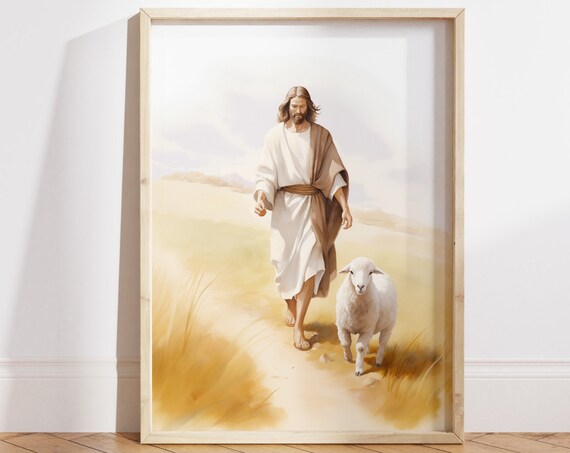 Good Shepherd Jesus Walking with Lamb Golden Field Art Poster