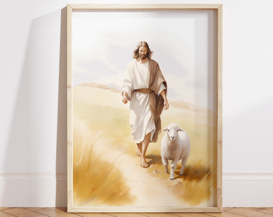 Good Shepherd Jesus Walking with Lamb Golden Field Art Poster