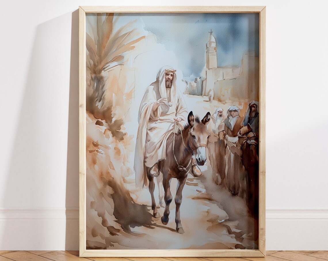 Jesus Entering Jerusalem on a Donkey Palm Sunday Watercolor Poster