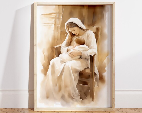 Mary Holding Baby Jesus Seated Chair Warm Beige Watercolor Poster