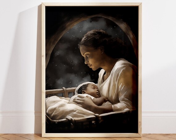Black Madonna and Child Crib Starry Night Watercolor Art Poster