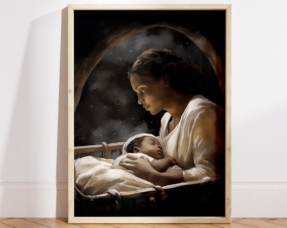 Black Mary And Baby In A Crib Poster Birth Of Jesus Wall Art Nursery Wall Decor Church Wall Art Christian Gift Idea File