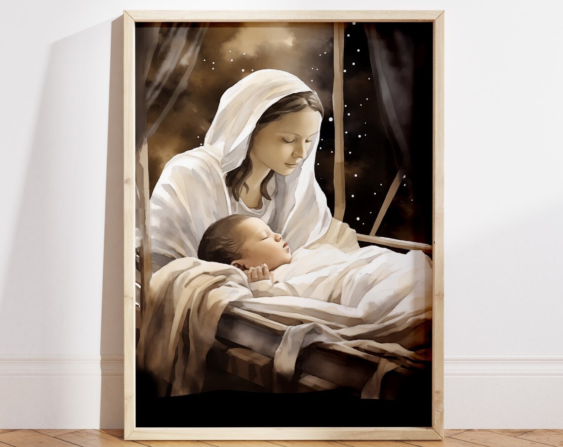Mary Holding Baby Jesus in the Manger Night Nativity Watercolor Poster