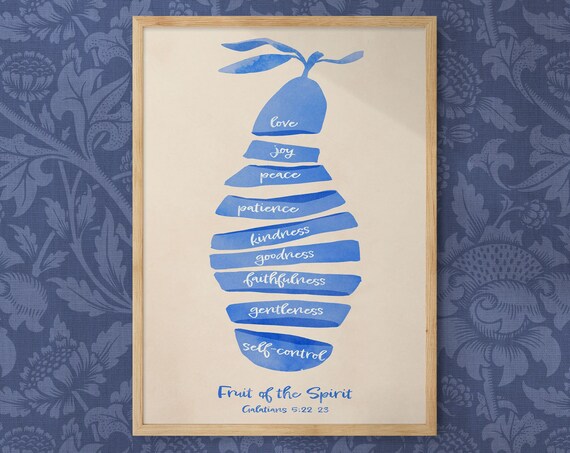 Fruit Of The Spirit Galatians 5 22 23 Blue Watercolor Pear Poster