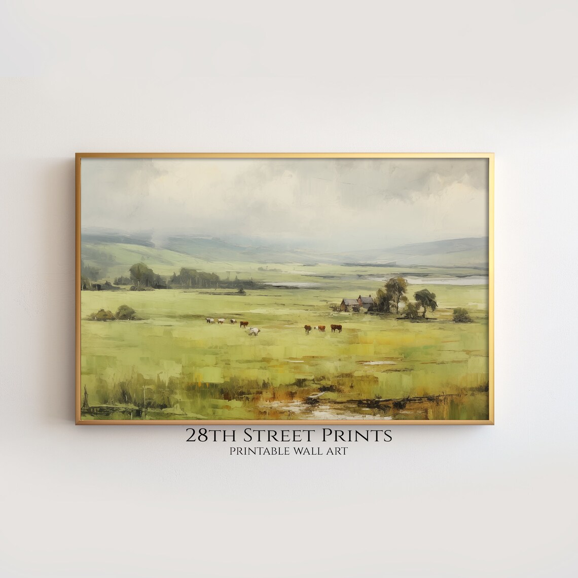 Green Grazing Meadow Cows Farmhouse Rolling Hills Vintage Landscape Art Print - Image 2