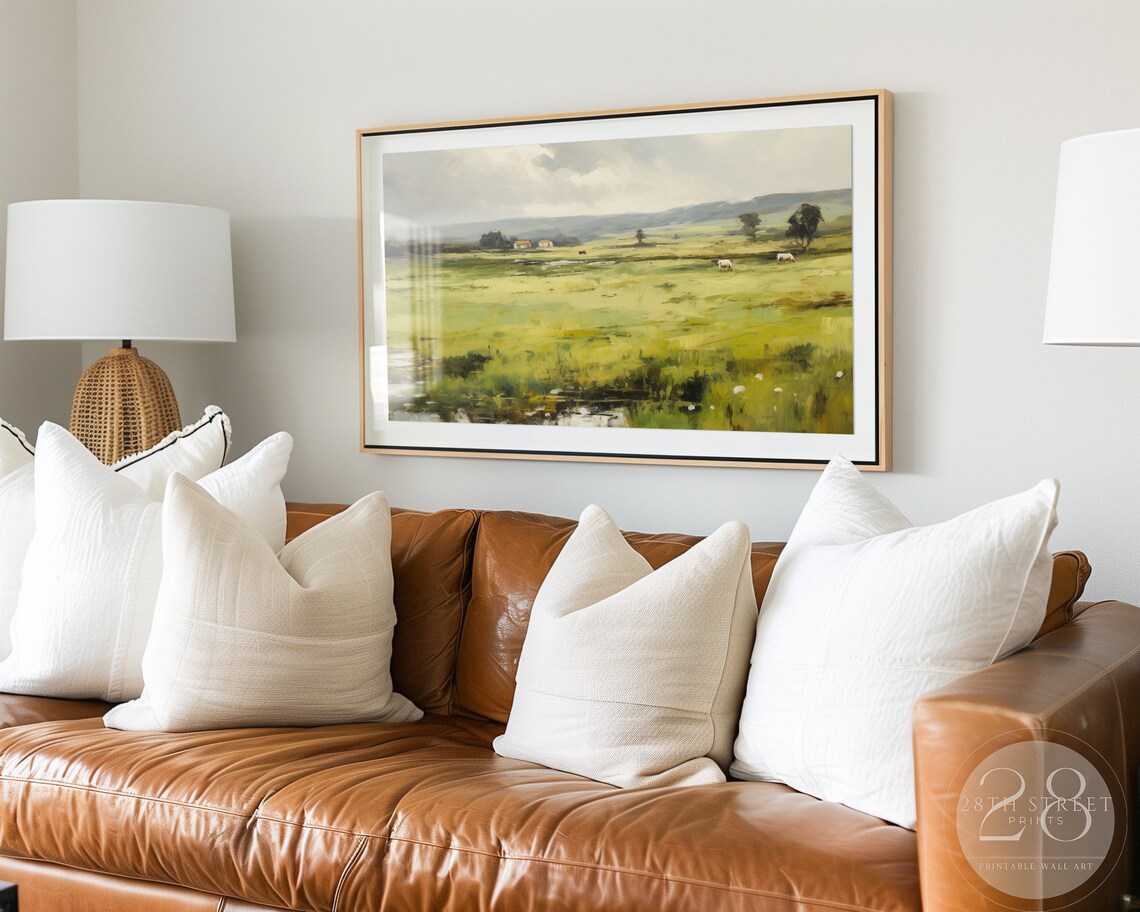 Countryside Farmhouse Pasture Grazing Cows Pond Distant Hills Landscape Art Print - Image 2