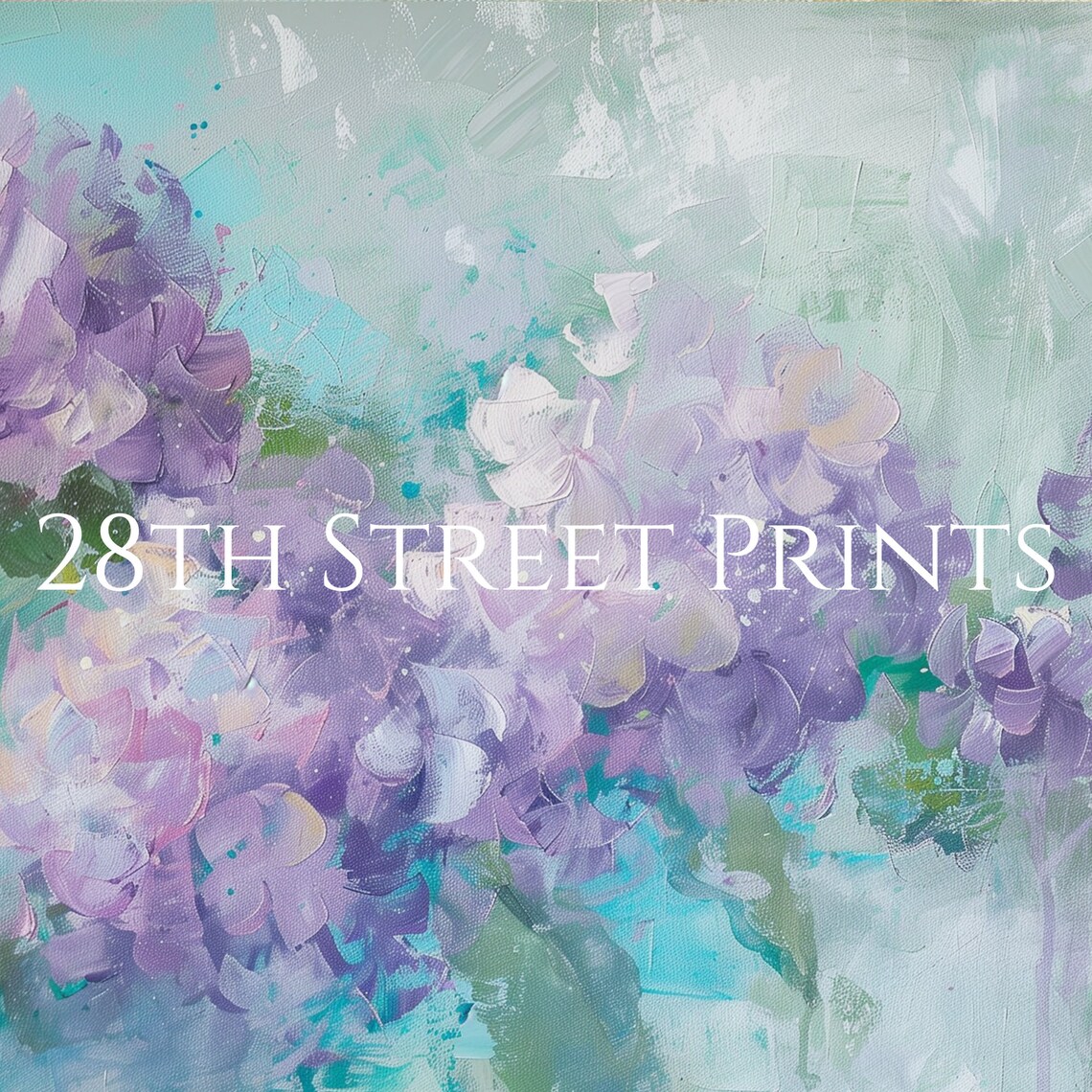 Purple Hydrangea Blossoms Teal Background Spring Floral Oil Painting Art Print - Image 2