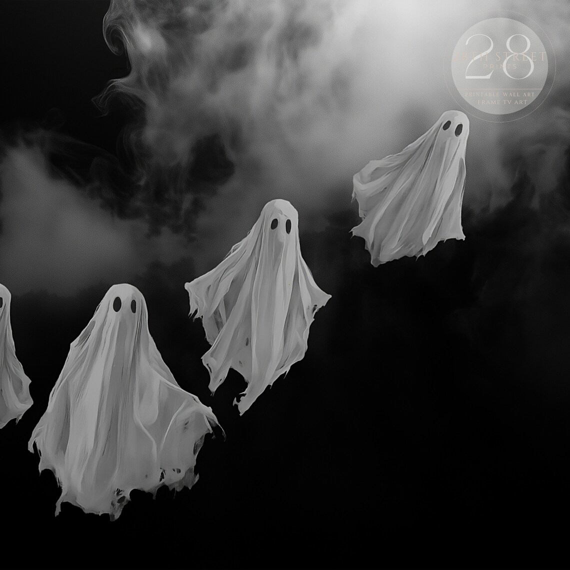 Spooky White Ghosts Flying Black Night Sky Smoky Halloween Painting Poster - Image 2