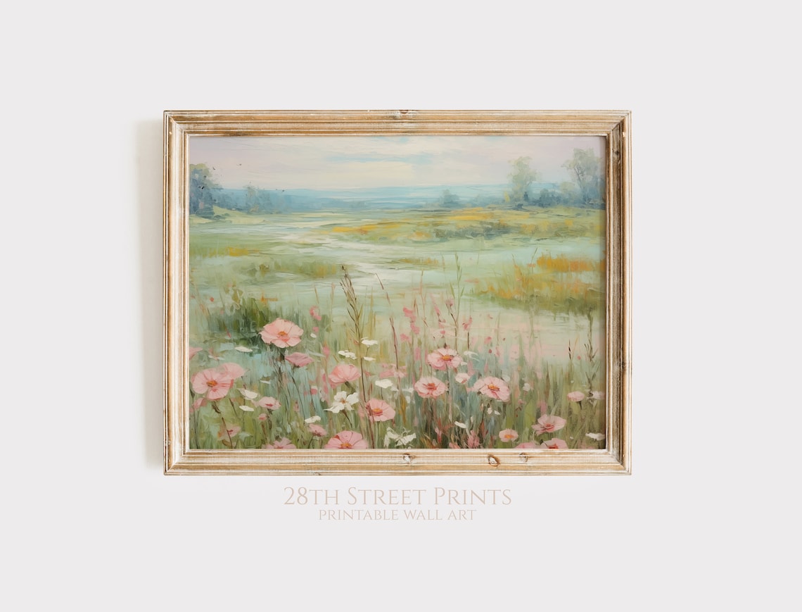 Pink Cosmos Wildflowers Misty Marsh Meadow Soft Spring Landscape Painting Art Print - Image 3