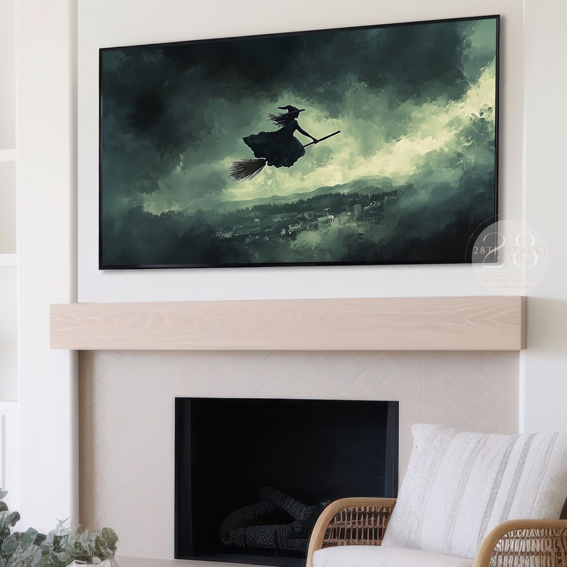 Witch Flying Broomstick Silhouette Stormy Sky Spooky Halloween Painting Poster - Image 3