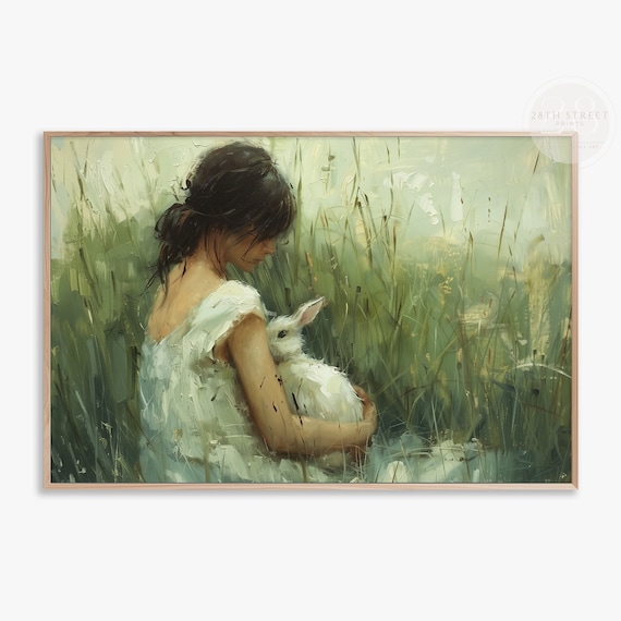 Girl And Bunny In Tall Grass Tender Embrace Vintage Spring Painting Art Print