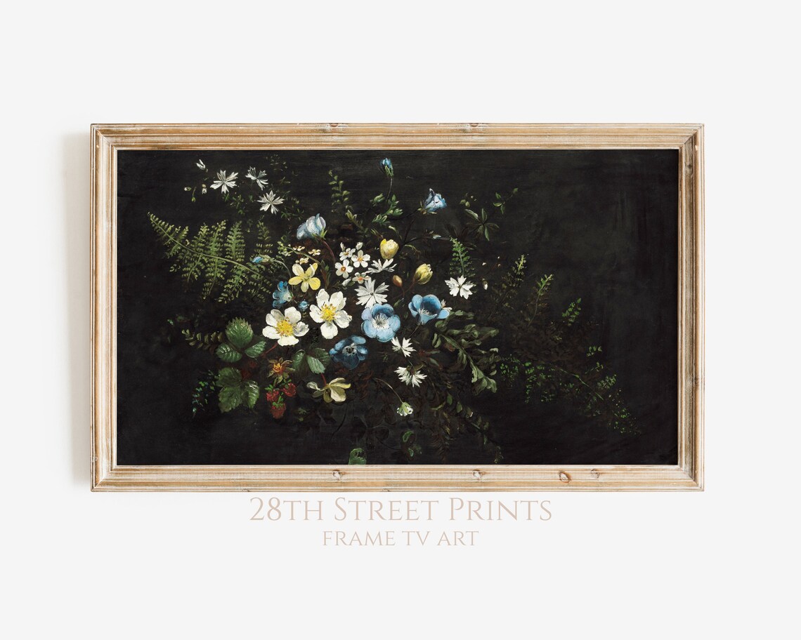 Moody Dark Floral White Blue Wildflowers Ferns Vintage Style Poster