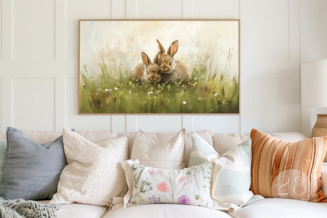 Bunny Duo In Tall Grass Spring Meadow Easter Painting Art Print Vintage Style - Image 3