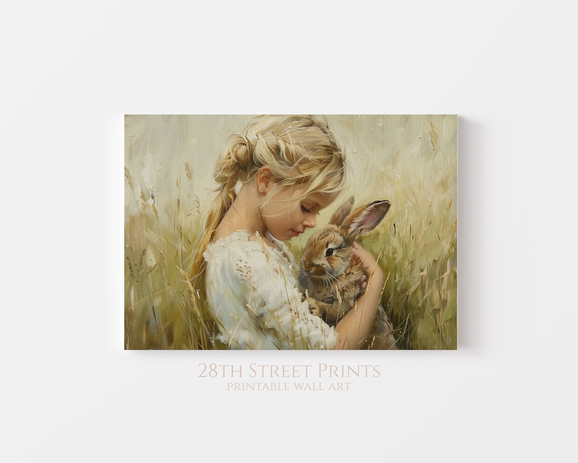 Blonde Girl Holding Bunny Golden Wheat Field Sweet Vintage Painting Poster - Image 3