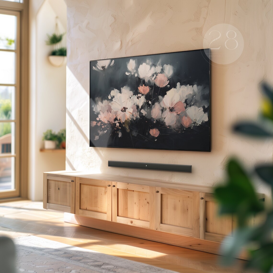 Moody Blush Blooms On Dark Background Dramatic Floral Oil Painting Art Print - Image 2