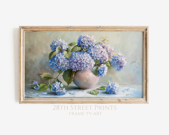 Blue Hydrangeas In Blush Vase Floral Still Life Soft Spring Painting Art Print