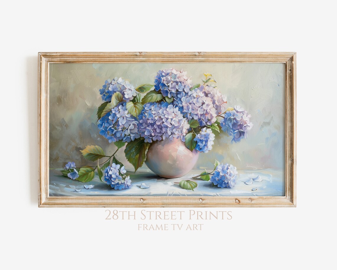 Blue Hydrangeas In Blush Vase Floral Still Life Soft Spring Painting Art Print
