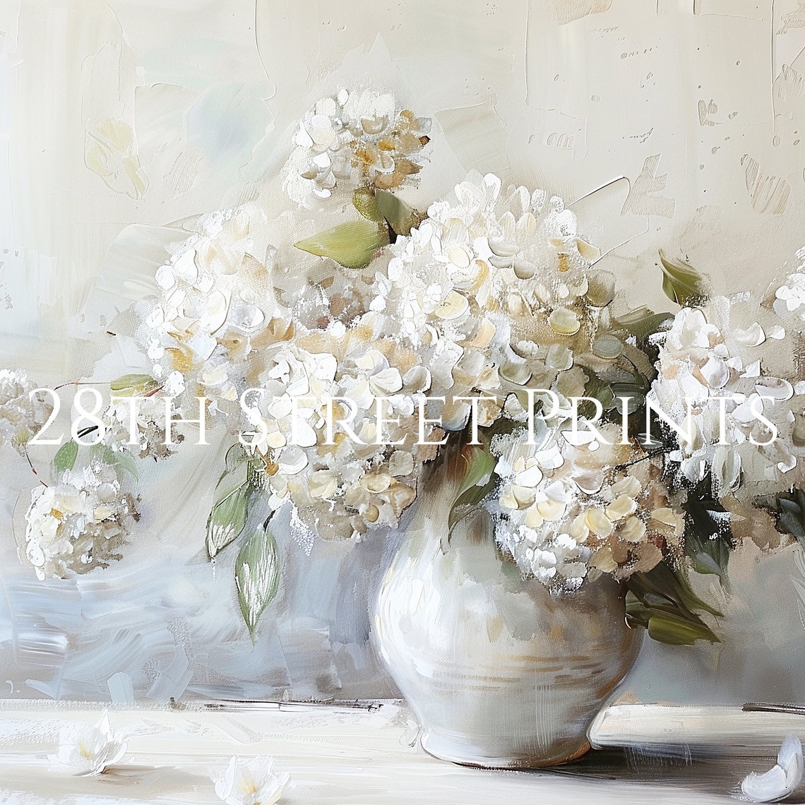 White Hydrangeas Ceramic Vase Soft Neutral Still Life Painting Poster - Image 3
