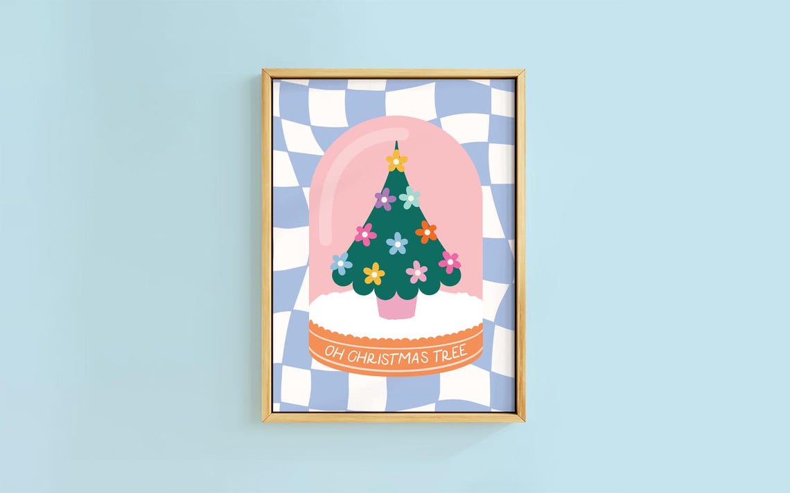 Oh Christmas Tree Floral Cloche Checkerboard Christmas Art Print