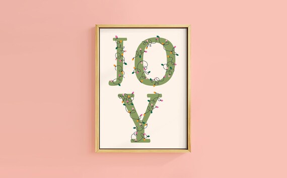 Joy Fairy Light Wrapped Green Letters Cream Christmas Poster