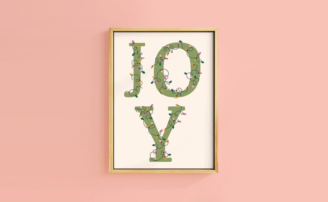 Joy Fairy Light Wrapped Green Letters Cream Christmas Poster