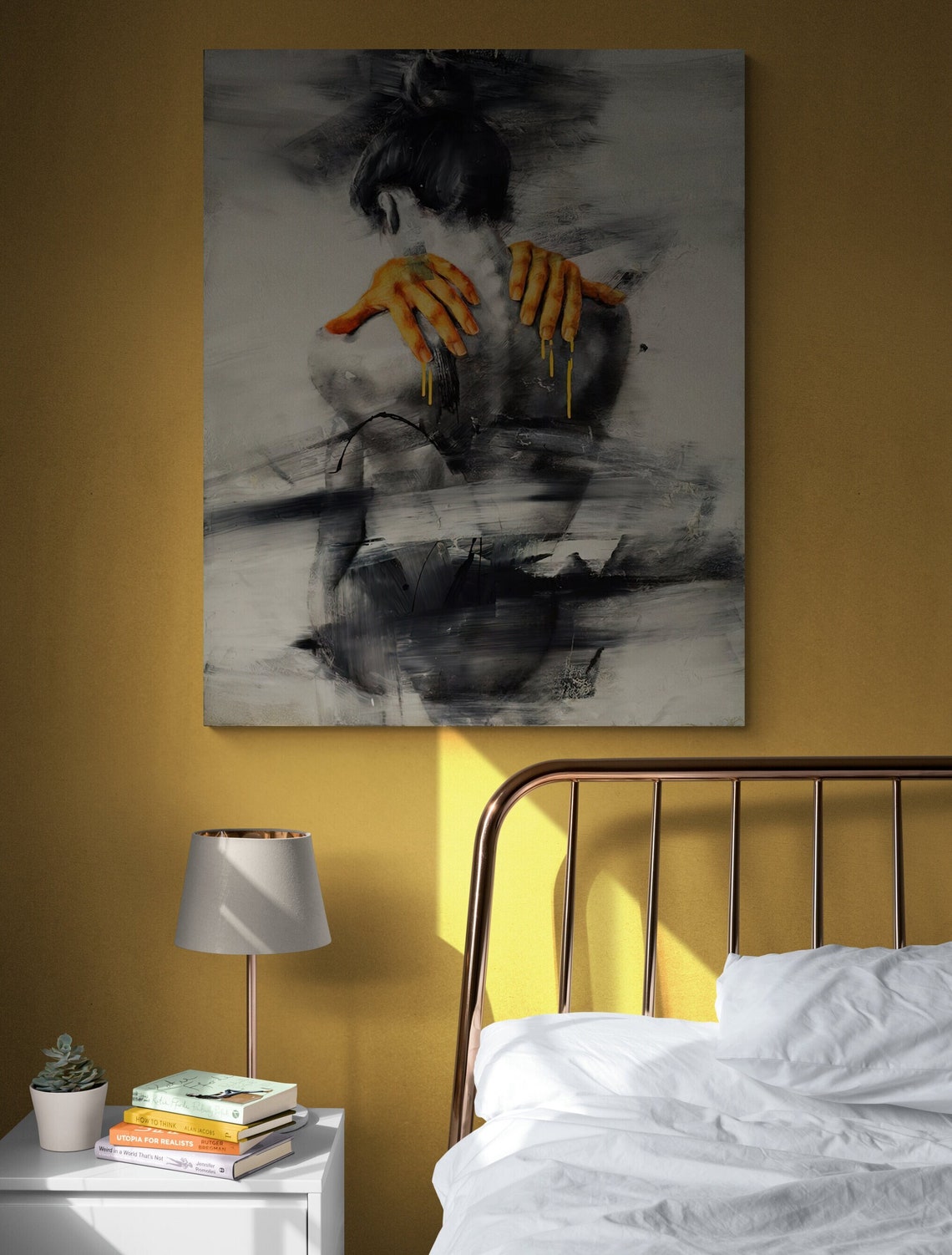 Abstract Woman From Behind Golden Hands Dark Paint Drip Figure Art - Image 2