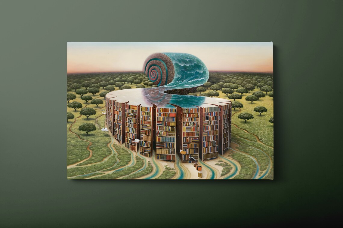 Surreal Library River Art Print, Abstract Bookcase