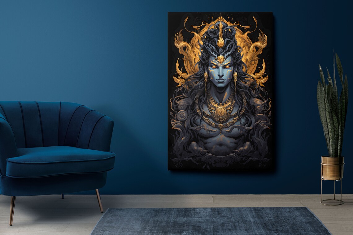 Lord Shiva Blue Skin Glowing Eyes Golden Halo Hindu Art Poster - Image 3