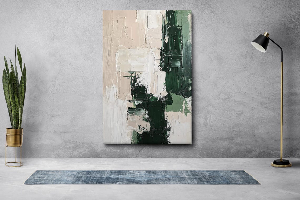 Modern Emerald Green Beige Abstract Textured Oil Painting Art Poster - Image 2