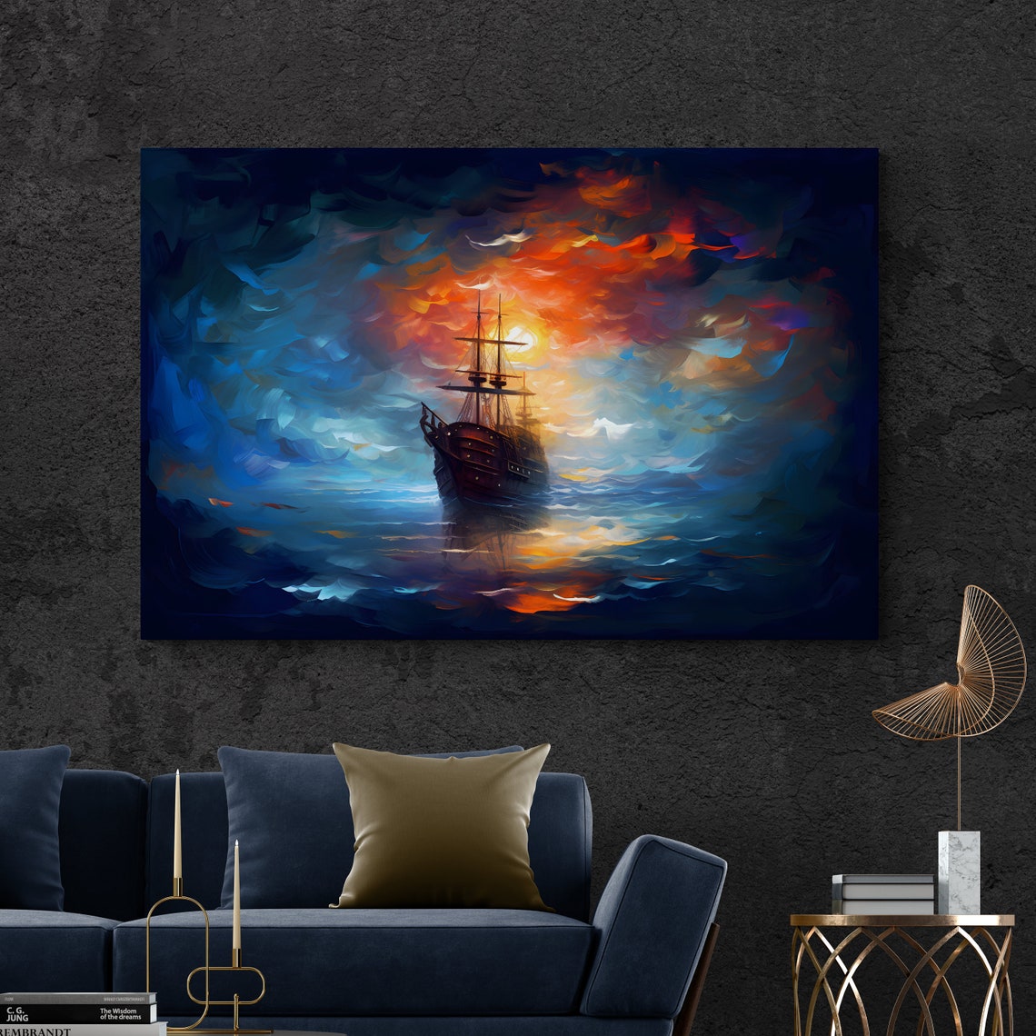 Abstract Ship Silhouette Fiery Sunset Ocean Waves Dramatic Art Poster - Image 2