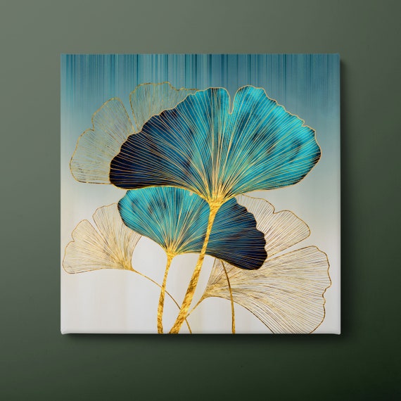 Ginkgo Flower Art Print, Gold Blue Botanical Design