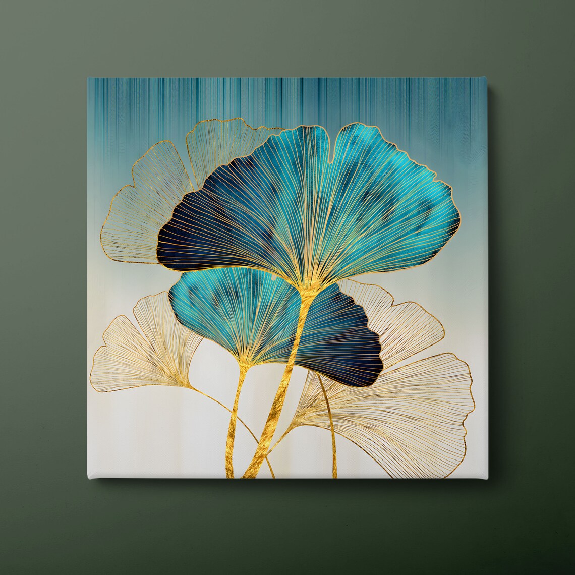 Ginkgo Flower Art Print, Gold Blue Botanical Design
