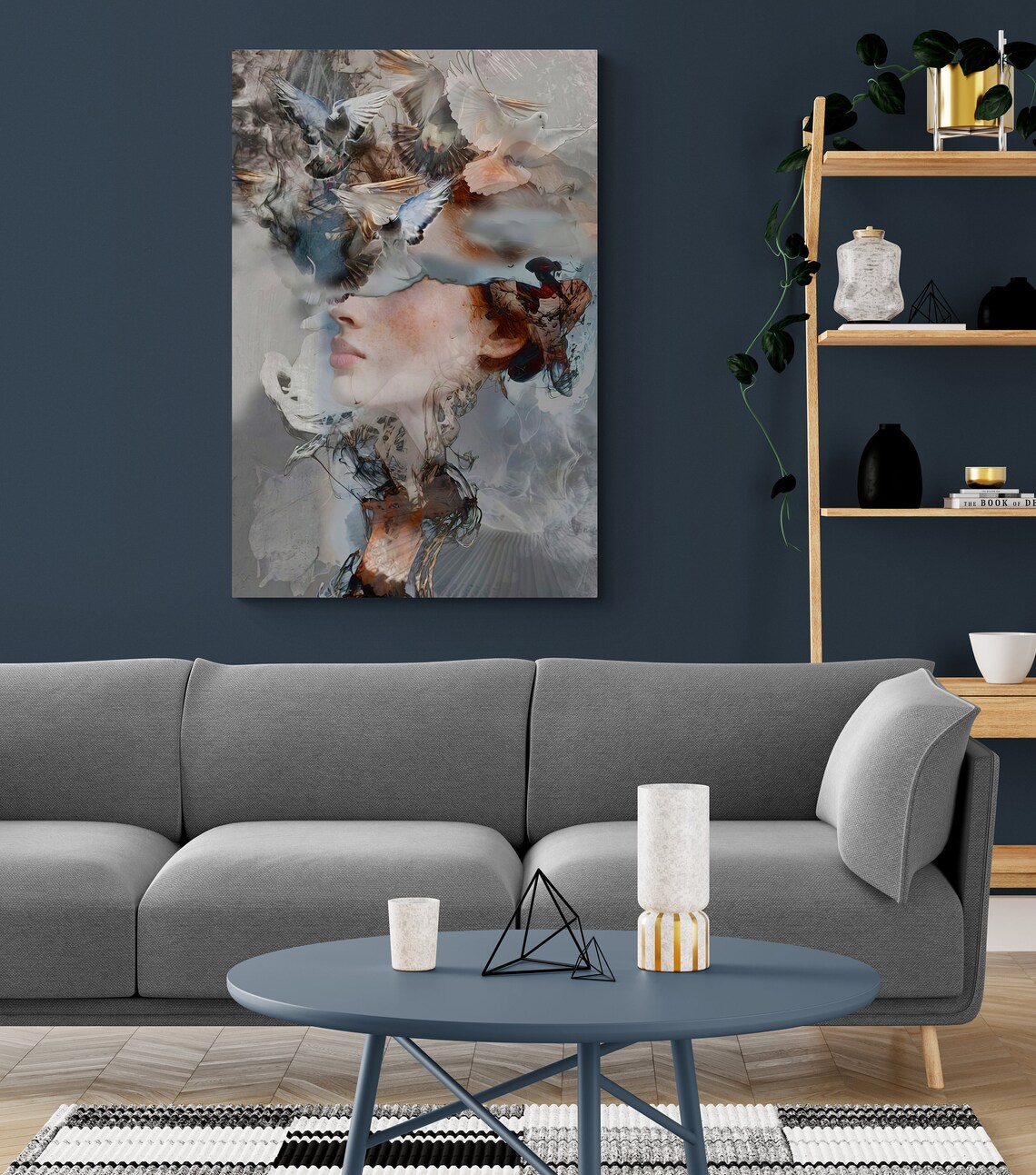 Surreal Woman Face and Birds Abstract Wall Art Print - Image 2