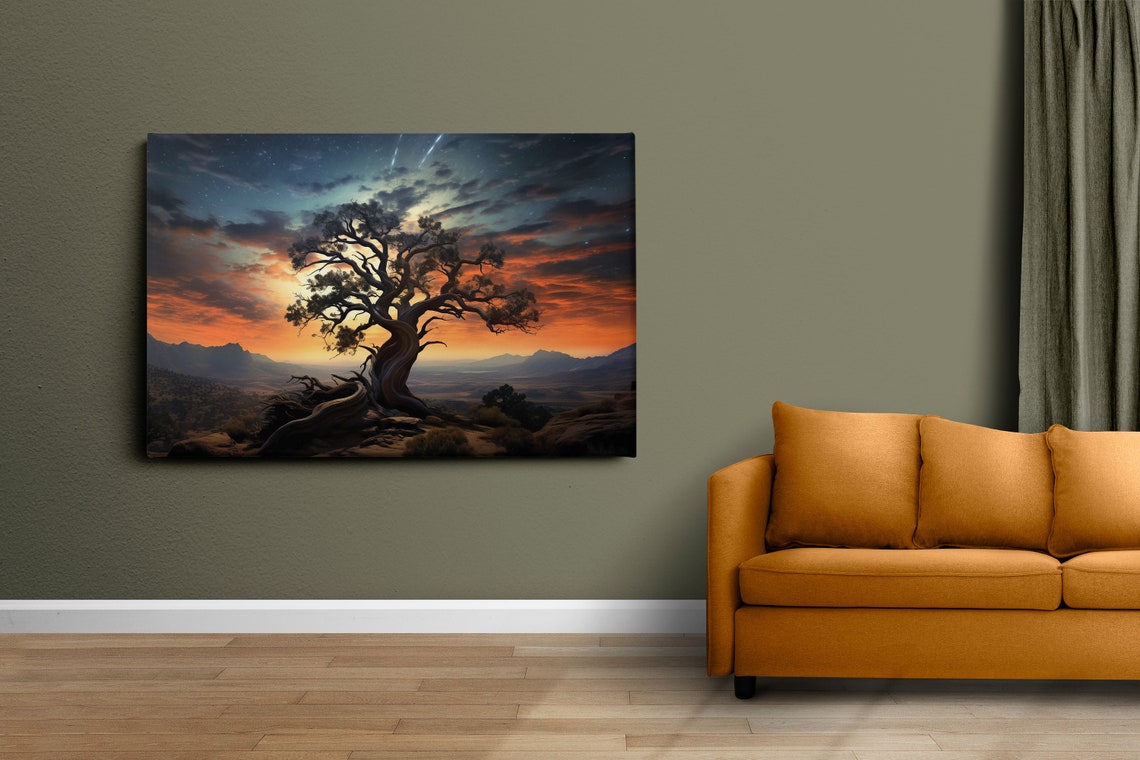 Lone Twisted Tree On Desert Hill At Starry Sunset Landscape Poster - Image 3