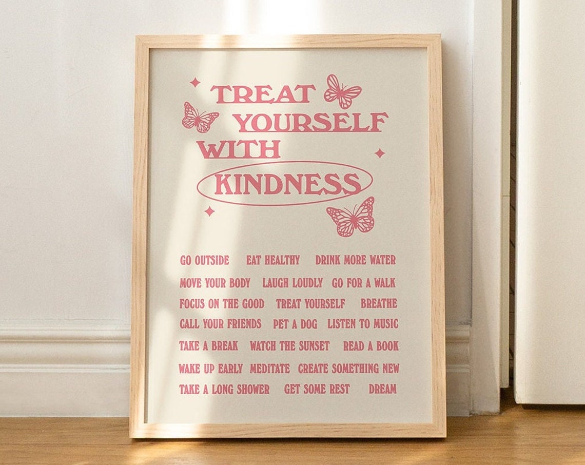 Treat Yourself With Kindness Affirmations List Pink Quote Wall Art