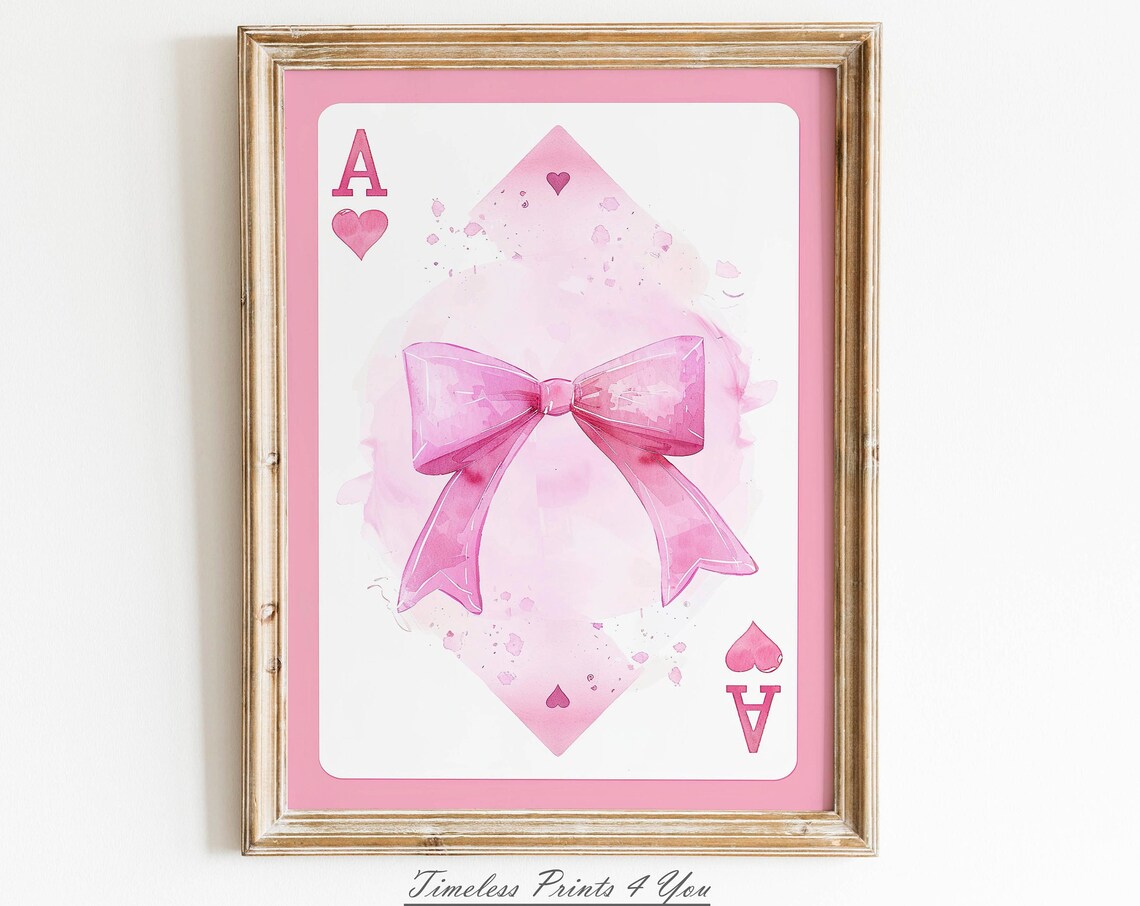 Watercolor Pink Bow Ace Of Hearts Card Coquette Style Art Poster