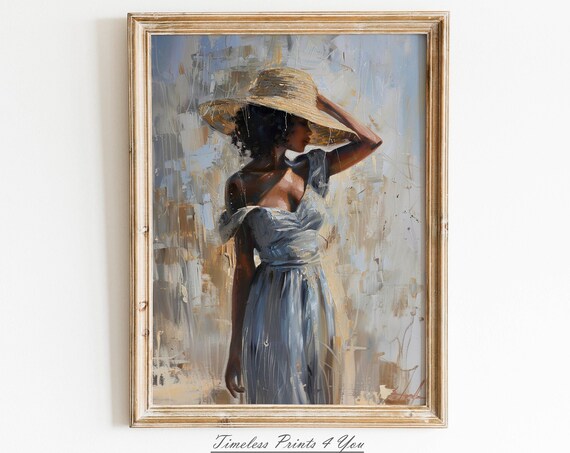 Black Woman in Straw Hat Oil Painting Elegant Abstract Art Poster