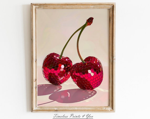 Disco Cherries Print Ball Wall Art Prints Retro Vintage Girly Coquette Preppy