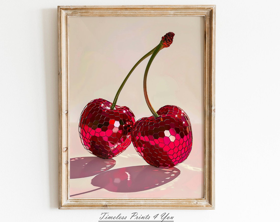 Cherry Red Disco Ball Cherries on Pink Gradient Funky Decor Poster