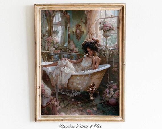 Black Woman in Clawfoot Tub Romantic Floral Bathroom Painting Poster