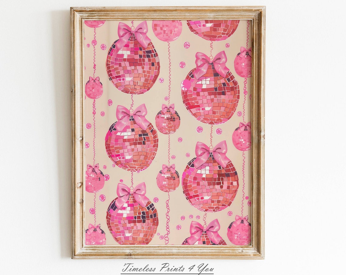 Pink Disco Balls Bows Pattern Retro Girly Party Decor Poster
