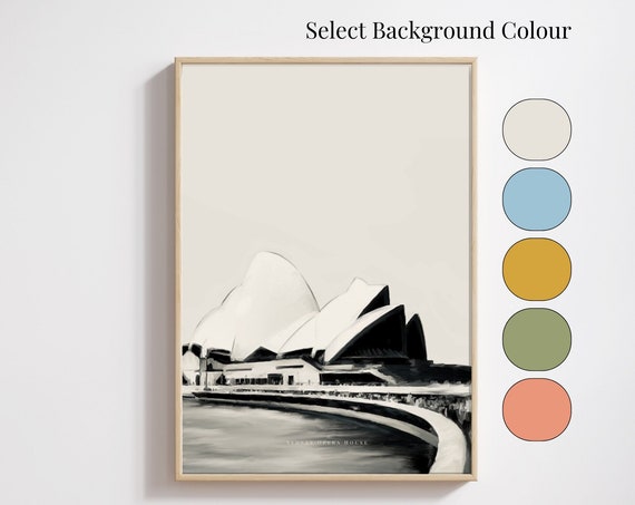 Sydney Opera House Monochrome With Coloured Background Art Print Iconic Landmark Poster Tourist Attraction Oil Paint Style Modern Wall Art