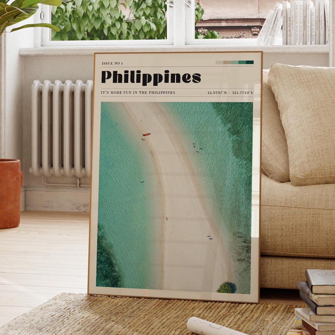 Philippines Tropical Beach Aerial Sandbar Turquoise Photo Travel Poster Art