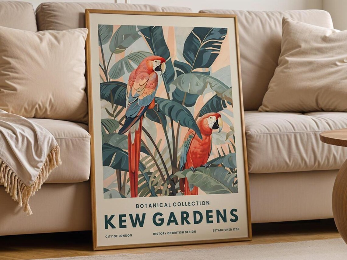 Parrots Botanical Garden Print Vintage Exotic Bird Illustration Kew Gardens Style