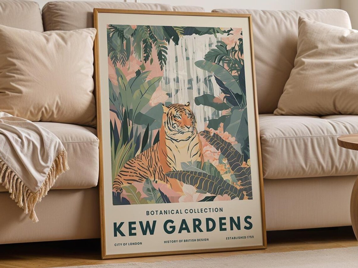Vintage Tiger Jungle Print Botanical Waterfall Art Exotic Animal Poster