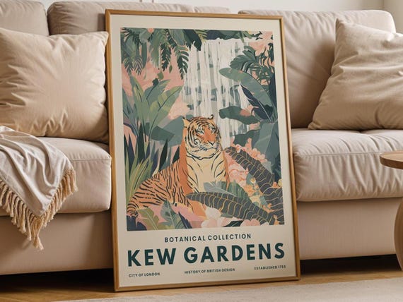 Vintage Tiger Jungle Print Botanical Waterfall Art Exotic Animal Poster
