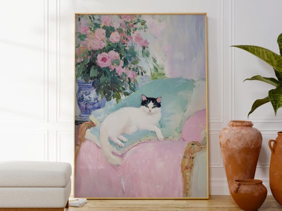 Impressionist Cat Poster, Floral Decor